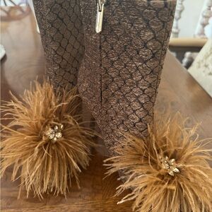 Brown Textured Boots with Feather and Chrystsl  Accents